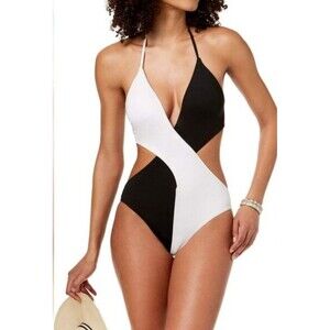 Bar III‎ Women's Colorblock Plunging Halter Neck Black White Swimsuit XL